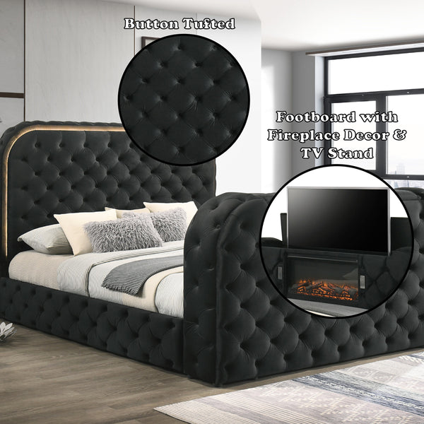 ACME Kana Black Upholstery Velvet Eastern King Bed with LED Fireplace & TV Cabinet Model BD03121EK