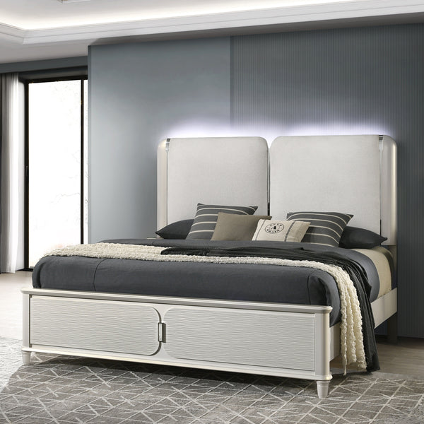 ACME Laveda Light Gray Boucle & Pearl White Eastern King Bed with LED Model BD03791EK