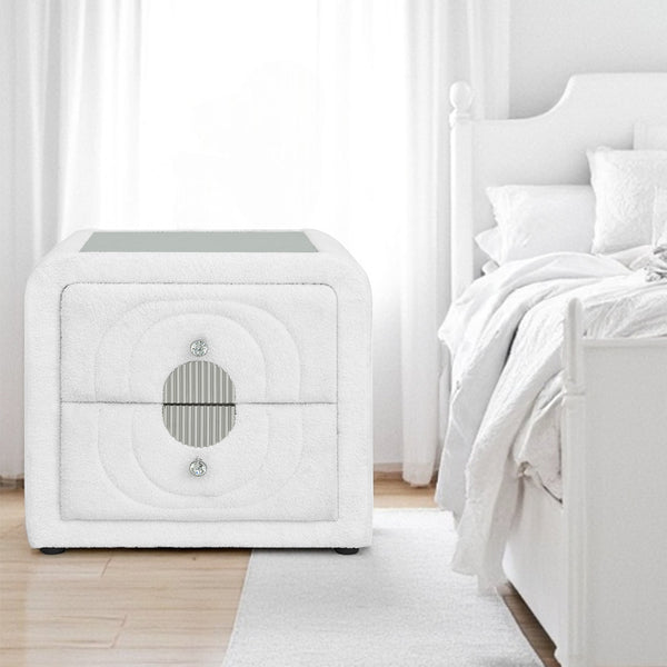 ACME Shelyn White Teddy Sherpa & Chrome Nightstand Model BD04753