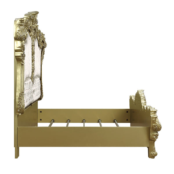 ACME Desiderius Beige Fabric Antique Gold & Hand Paint Brown Eastern King Bed Model BD20001EK