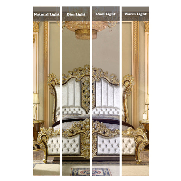 ACME Desiderius Beige Fabric Antique Gold & Hand Paint Brown Eastern King Bed Model BD20001EK