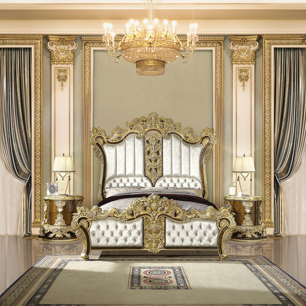 ACME Desiderius Beige Fabric Antique Gold & Hand Paint Brown Eastern King Bed Model BD20001EK