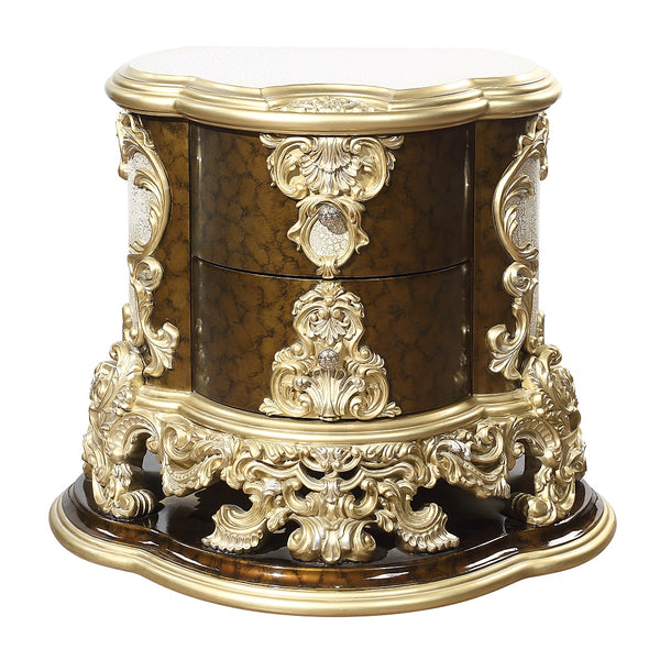 ACME Desiderius Antique Gold & Hand Paint Brown Nightstand Model BD20003