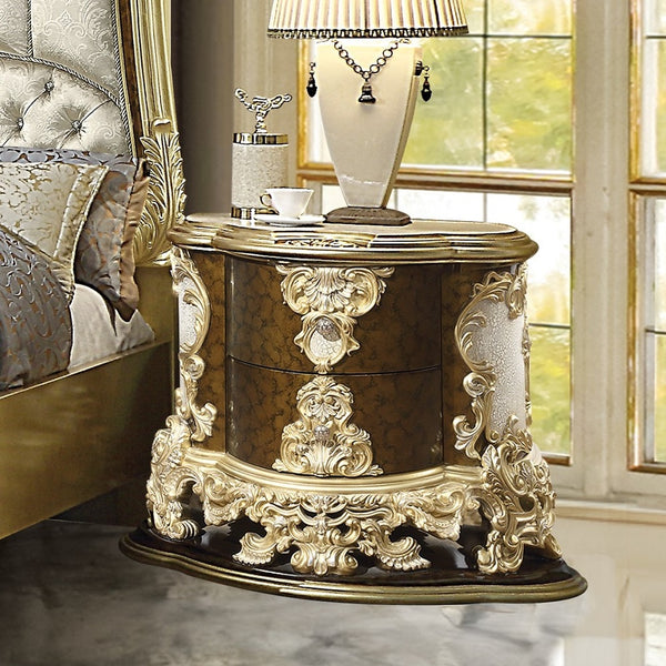 ACME Desiderius Antique Gold & Hand Paint Brown Nightstand Model BD20003