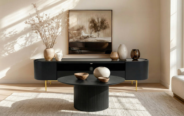 Bowie Mid-Century Modern Black Oak + Brass TV Stand
