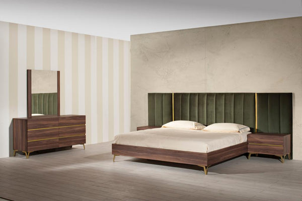 Queen Nova Domus Calabria Modern Walnut & Green Velvet Bedroom Set Model VGACCALABRIA-SET-Q