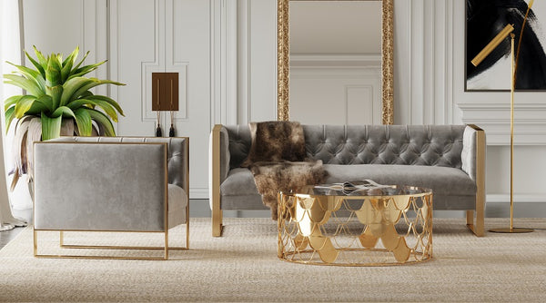 Carlos Modern Grey Velvet & Gold Sofa