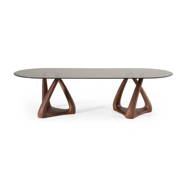 Modrest Christy Mid Century Modern Grey Glass & Walnut Oval Dining Table Model VGRY-RY-1101