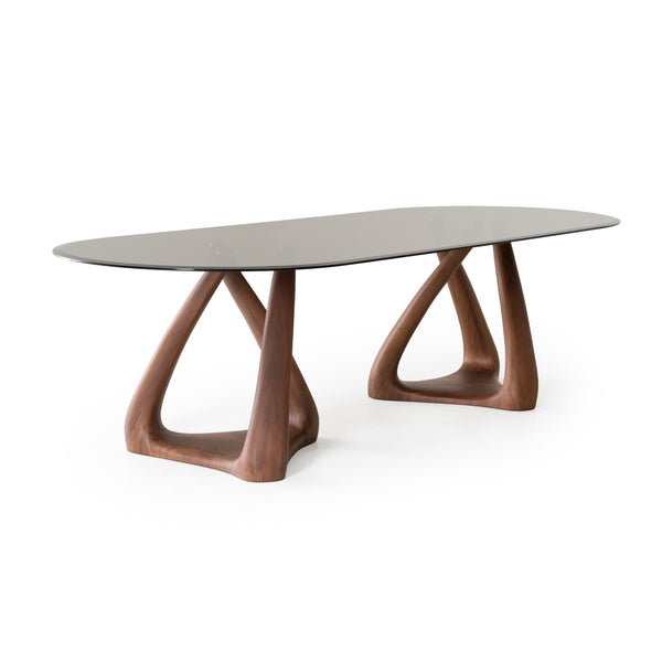 Modrest Christy Mid Century Modern Grey Glass & Walnut Oval Dining Table Model VGRY-RY-1101