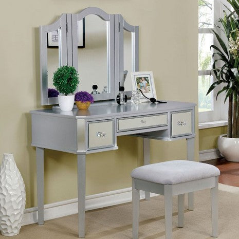 Furniture of America Clarisse Silver Contemporary Vanity W/ Stool Model CM-DK6148SV