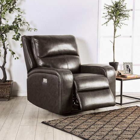 Furniture of America Soterios Charcoal Transitional Power Recliner Model CM9924DG-CH-PM
