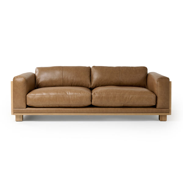 Danson Modern Tan Leather + Wicker Sofa