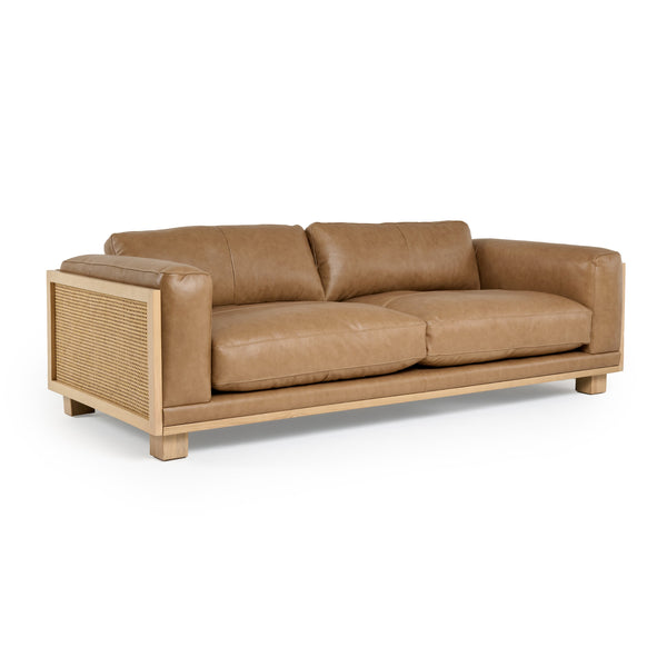 Danson Modern Tan Leather + Wicker Sofa