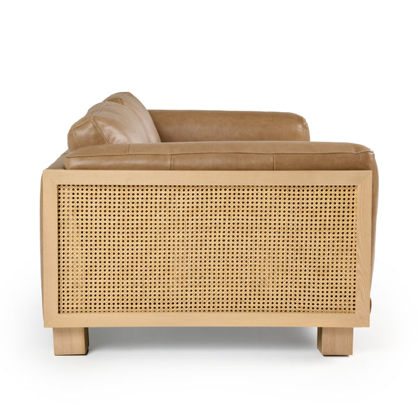 Danson Modern Tan Leather + Wicker Sofa