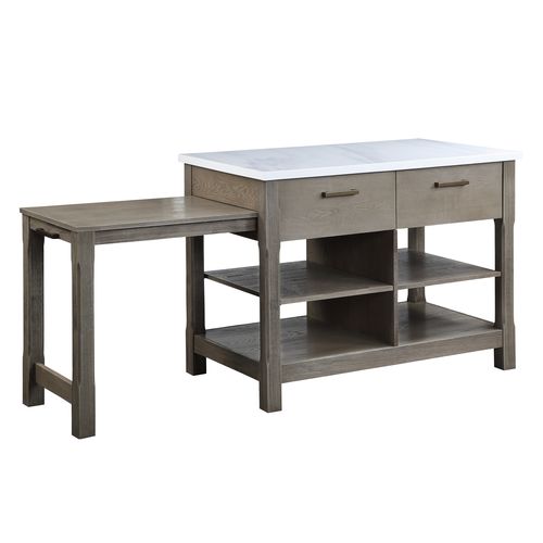 ACME Feivel Natural Marble Top & Rustic Oak Kitchen Island with Pull Out Table Model DN00307