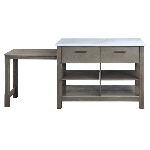 ACME Feivel Natural Marble Top & Rustic Oak Kitchen Island with Pull Out Table Model DN00307
