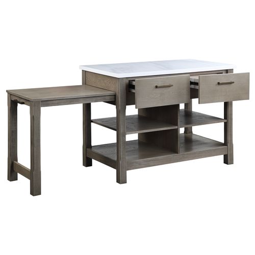 ACME Feivel Natural Marble Top & Rustic Oak Kitchen Island with Pull Out Table Model DN00307