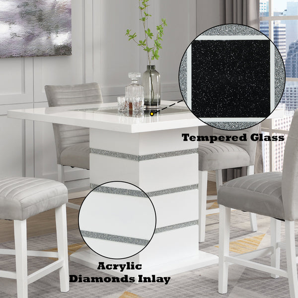 ACME Elizaveta Gray Velvet Faux Crystal Diamonds &White High Gloss Counter Height Table with Pedestal Base Model DN00817