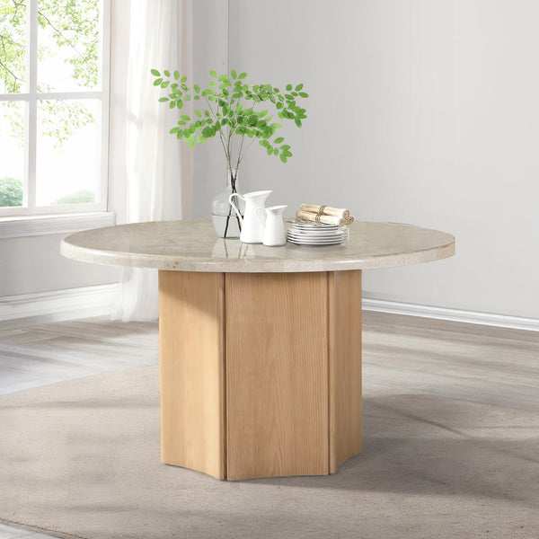 ACME Qwin Natural Marble Top & Oak Round Dining Table with Natural Marble Top Model DN02875