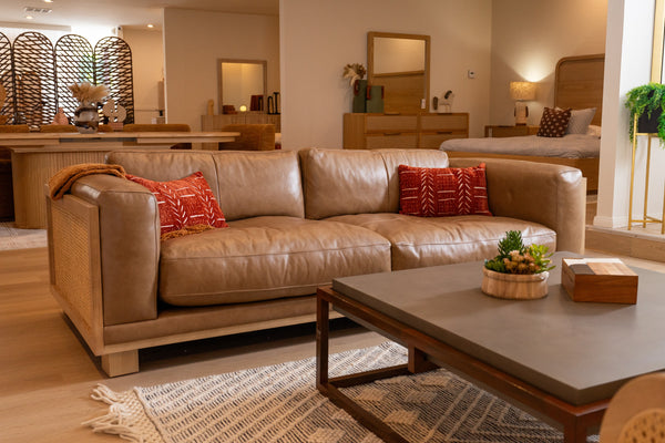 Danson Modern Tan Leather + Wicker Sofa