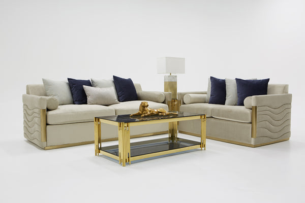 Tenaya Modern Beige Fabric & Gold Loveseat Sofa