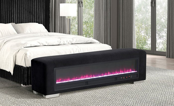 Furniture of America Elnath Black Contemporary Bench W/ Visual Crystal Fireplace Model FM-BN6001BK