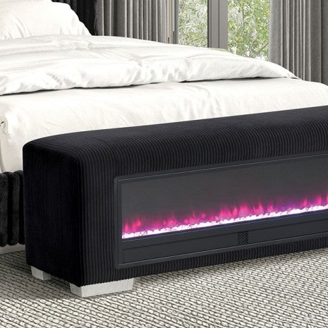 Furniture of America Elnath Black Contemporary Bench W/ Visual Crystal Fireplace Model FM-BN6001BK