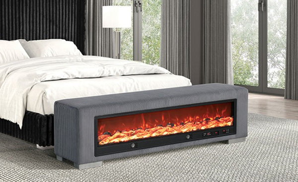 Furniture of America Elnath Gray Contemporary Bench W/ Visual Wood Log Fireplace Model FM-BN6001GY