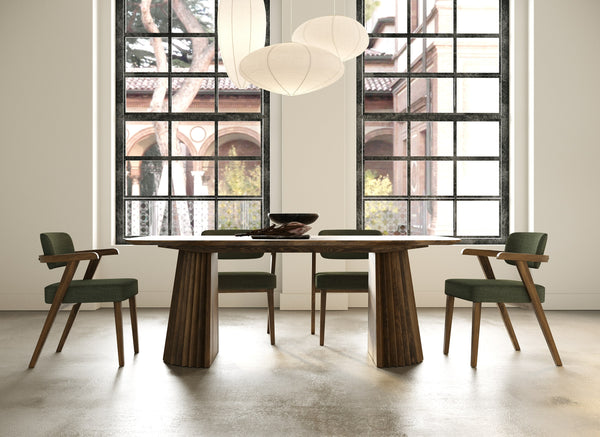 Sacks Mid-Century Modern Green Fabric + Herringbone Walnut Dining Set