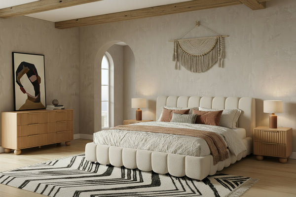 Queen Harris + Winters Modern Off-White Fabric + Natural Oak 4-Piece Bedroom Set