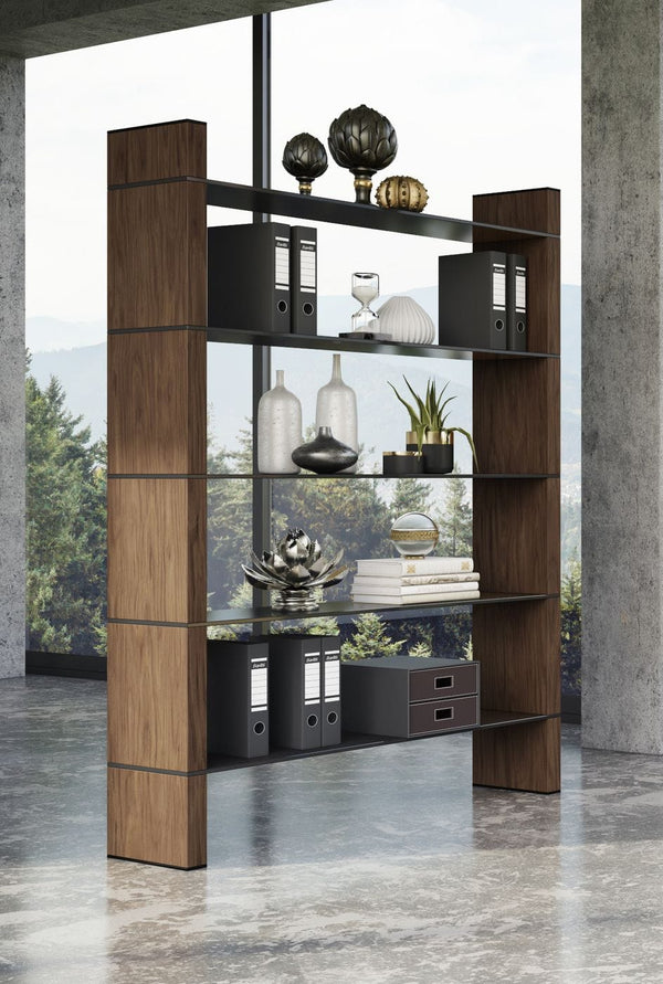 Modrest Glencoe Modern Walnut & Black Glass Bookshelf Model VGBBMQ2005SF-1