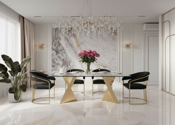Buquet Glam Glass + Champagne Gold Rectangular Dining Table