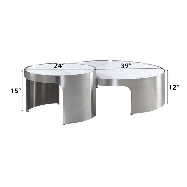 ACME Abilene Engineered Marble & Brush Silver Nesting Coffee Table Set Model LV00223