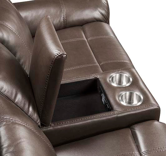 ACME Lydia Brown Leather Aire Motion Loveseat with USB Port & Console Model LV00655