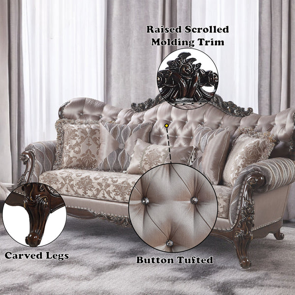 ACME Benbek Fabric & Antique Oak Sofa with 5 Pillows Model LV00809