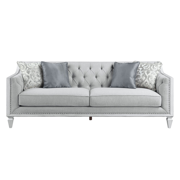 ACME Katia Light Gray Linen & Weathered White Sofa with 4 Pillows Model LV01049