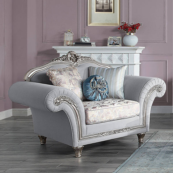 ACME Pelumi Light Gray Linen & Platinum Chair with 3 Pillows Model LV01114