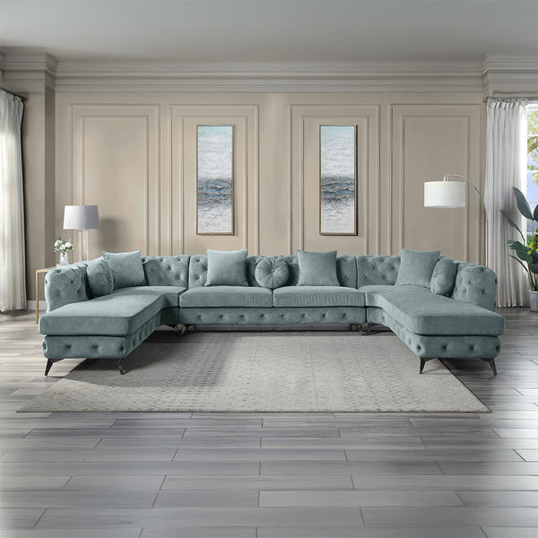ACME Atronia Dusty Blue Fabric Sectional Sofa with 7 Pillows Model LV01161