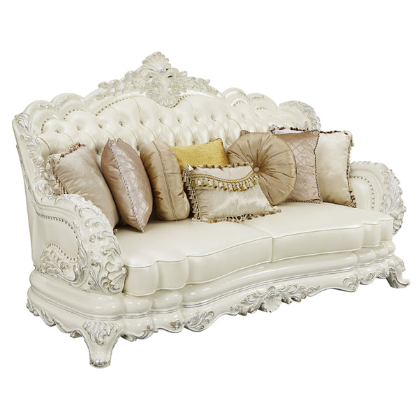 ACME Adara Pearl White Synthetic Leather & Antique White Sofa with 7 Pillows Model LV01224