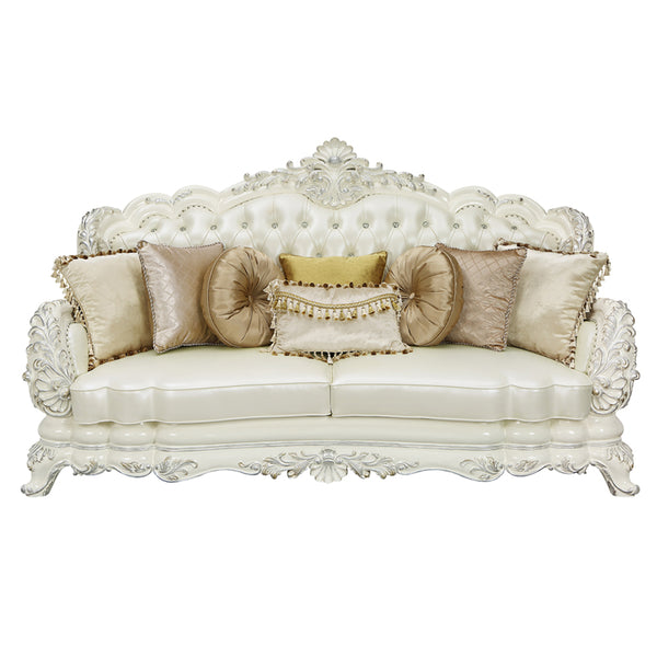 ACME Adara Pearl White Synthetic Leather & Antique White Sofa with 7 Pillows Model LV01224