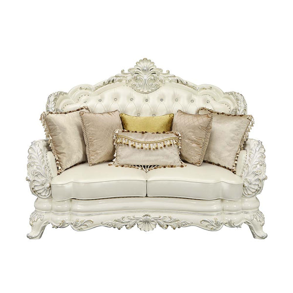 ACME Adara Pearl White Synthetic Leather & Antique White Loveseat with 5 Pillows Model LV01225