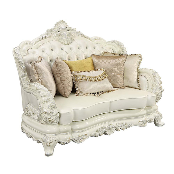 ACME Adara Pearl White Synthetic Leather & Antique White Loveseat with 5 Pillows Model LV01225