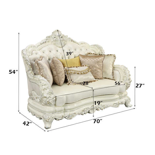 ACME Adara Pearl White Synthetic Leather & Antique White Loveseat with 5 Pillows Model LV01225