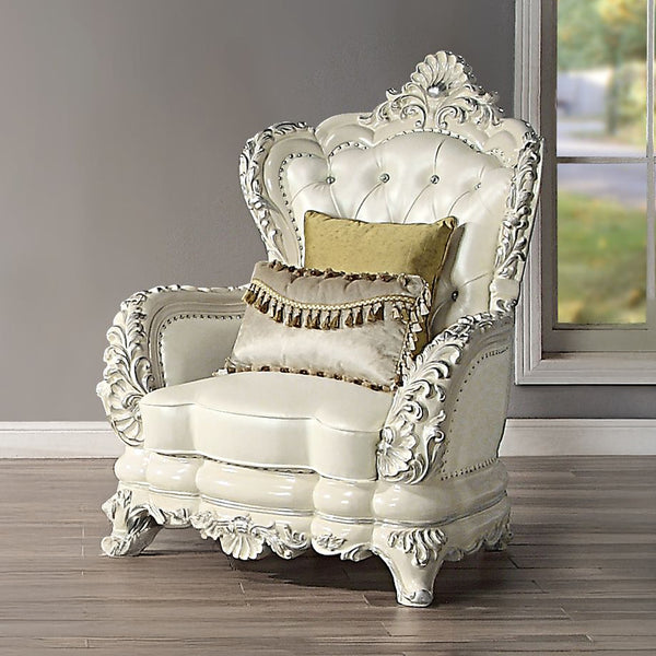 ACME Adara Pearl White Synthetic Leather & Antique White Chair with 2 Pillows Model LV01226