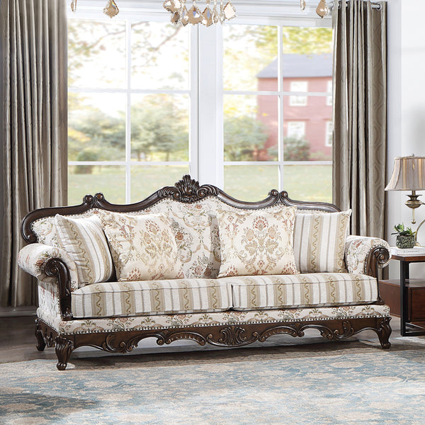 ACME Nayla Pattern Fabric & Walnut Sofa with 4 Pillows Model LV01273