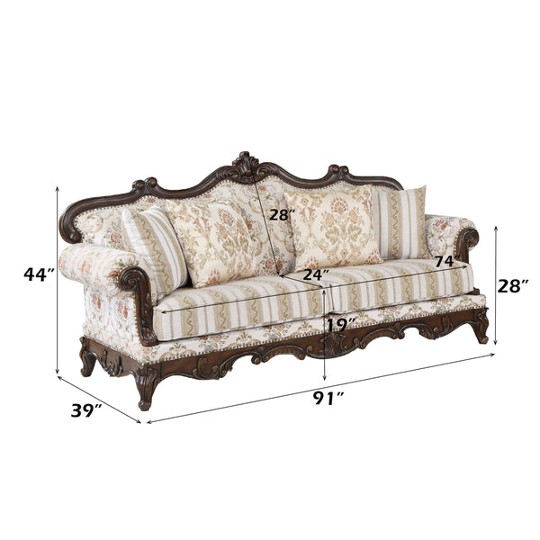 ACME Nayla Pattern Fabric & Walnut Sofa with 4 Pillows Model LV01273