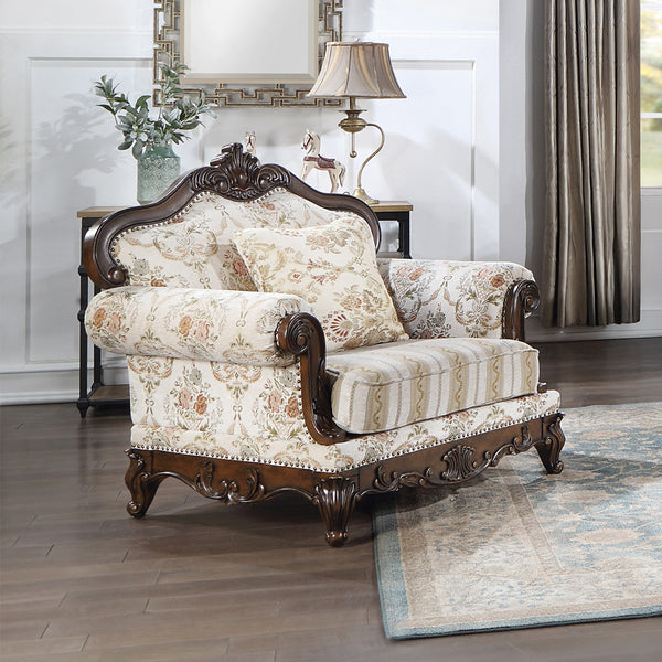 ACME Nayla Pattern Fabric & Walnut Chair with Pillow Model LV01275