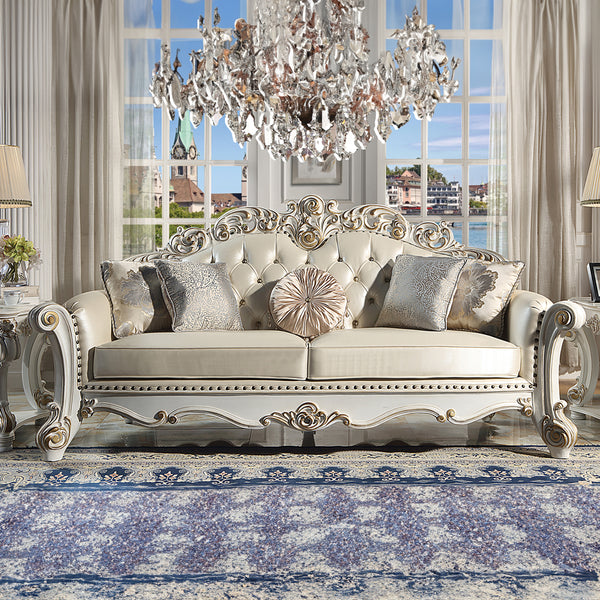 ACME Vendome Champagne Synthetic Leather & Antique Pearl Finsih Sofa with 5 Pillows Model LV01324