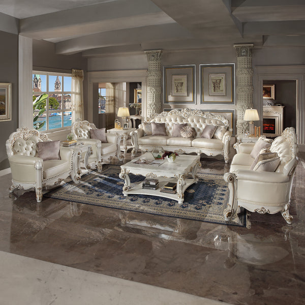 ACME Vendome Champagne Synthetic Leather & Antique Pearl Finsih Sofa with 5 Pillows Model LV01324