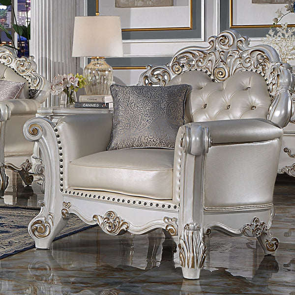 ACME Vendome Champagne Synthetic Leather & Antique Pearl Finsih Chair with Pillow Model LV01326